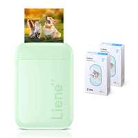 LIENE 2X3" MINI PORTABLE INSTANT PHOTO PRINTER BUNDLE W/100 ZINK ADHESIVE PAPER, IOS ANDROID, GREEN