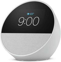 AMAZON ECHO SPOT (2024 RELEASE), SMART ALARM CLOCK WITH VIBRANT SOUND AND ALEXA, BLACK,, DAMAGED BOX